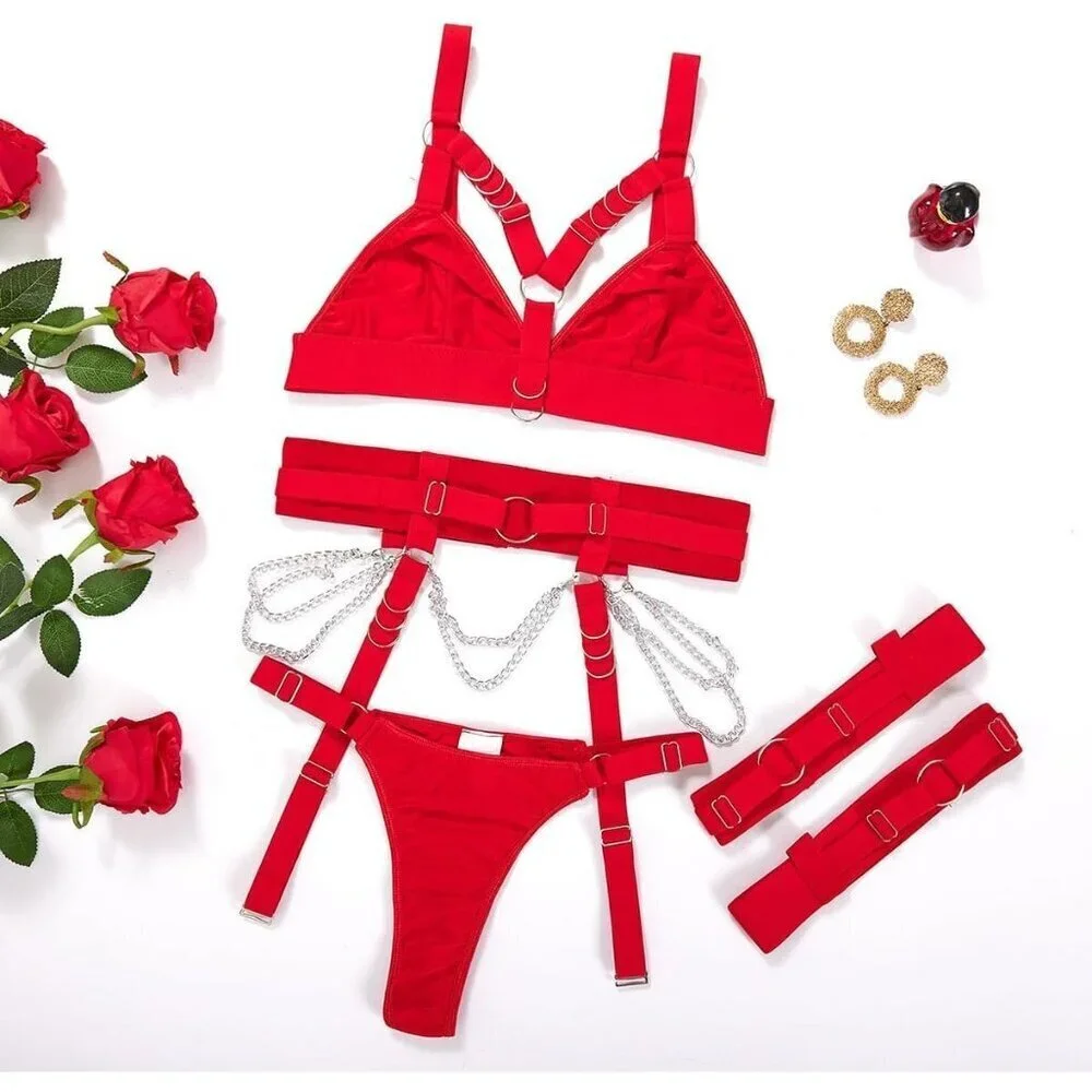 Women's Red Sexy Chain Strappy Garter Belt Lingerie Set Rave Outfits - Picture 5 of 5